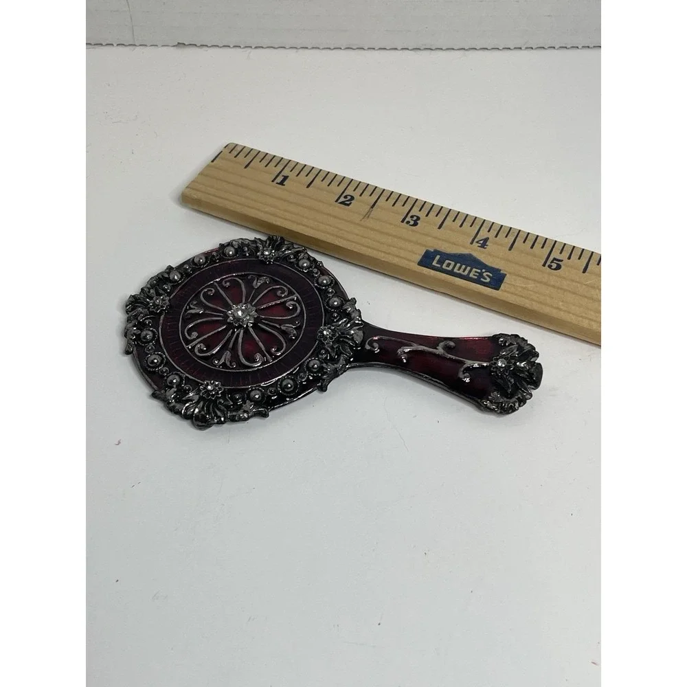 Hand Mirror w/  Coronet Bows Wreath Red Enamel Metal Heavy 5.5